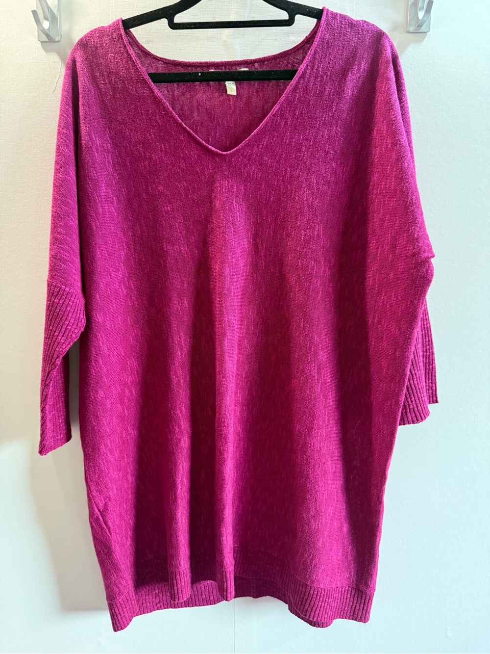 Eileen Fisher Magenta Oversized V-Neck Tunic Sweater Size L Relaxed Minimalist